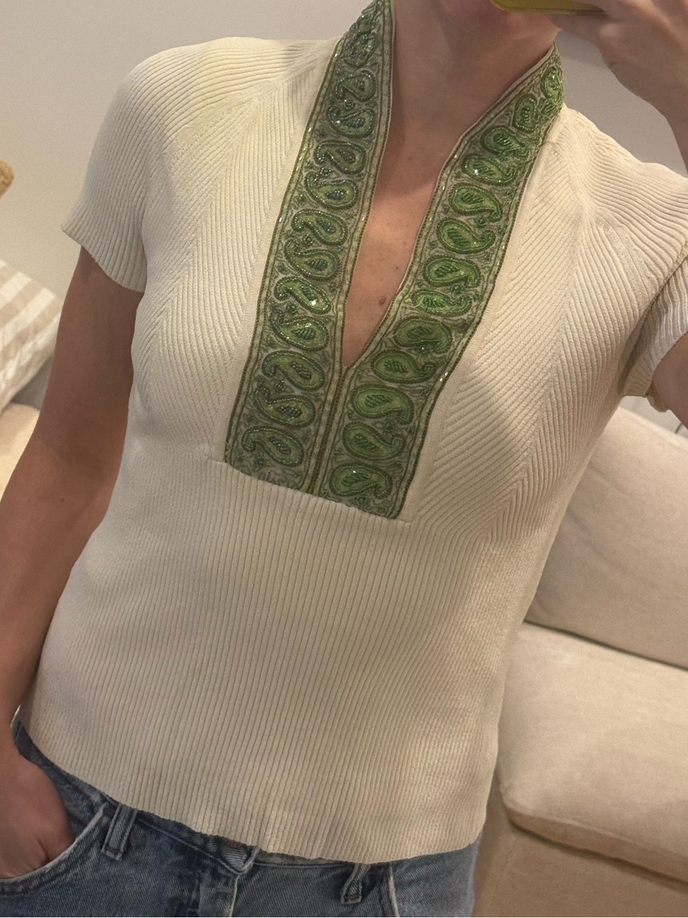 Talbots Cream Ribbed Short-Sleeve Tank with Green Embroidered V-Placket
